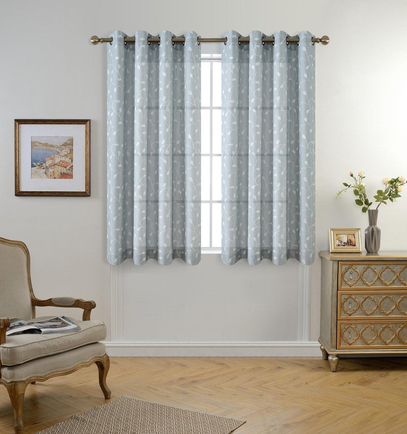 MIUCO Floral Embroidery Semi Sheer Curtains Faux Linen Grommet Curtains for Living Room 52 x 84 Inch 2 Panels Set, Sea Foam - Image 2